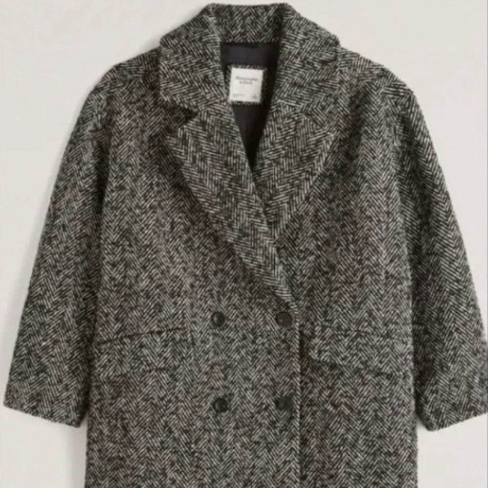 NWT Abercrombie Short Textured Coat in Black Herringbone - Picture 2 of 7